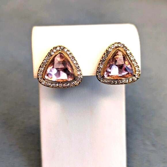 Vintage 90's Pink and Clear Triangle Rhinestone Clip Earrings - Picture 9 of 10